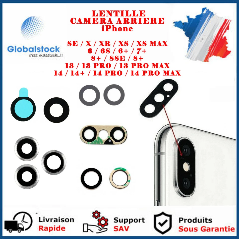 GLOBALSTOCK VITRE LENTILLE CAMERA ARRIERE IPHONE SE/X/XR/XS/6/7+/8/11/13/14 PLUS PRO MAX