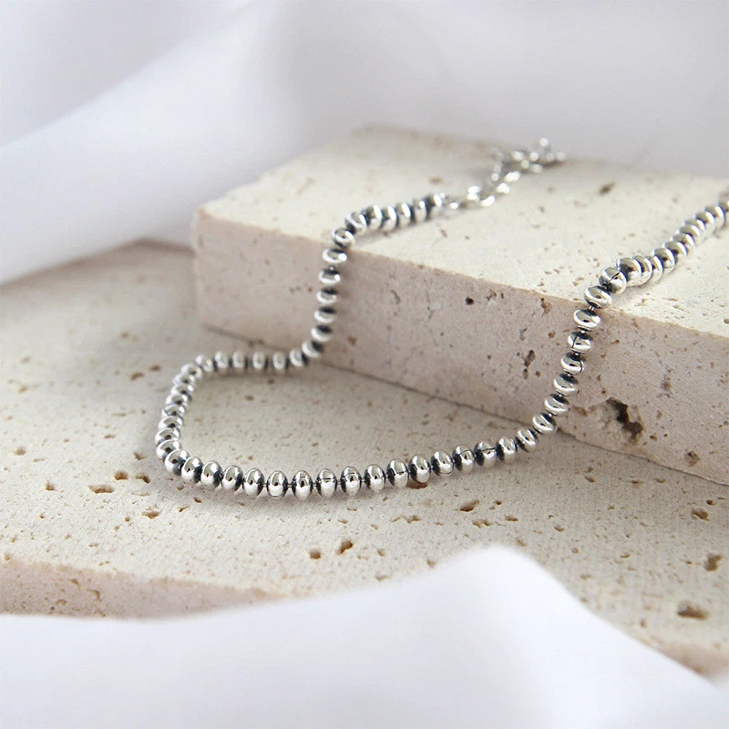 3mm Womens Genuine S925 Sterling Silver Flat Bead Chain Bracelet Retro 7.28'' - Image 4 of 4