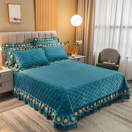 Embroidered Thick Crystal Velvet Bedspread Set Quilted Queen King Size Coverlets - Picture 18 of 68