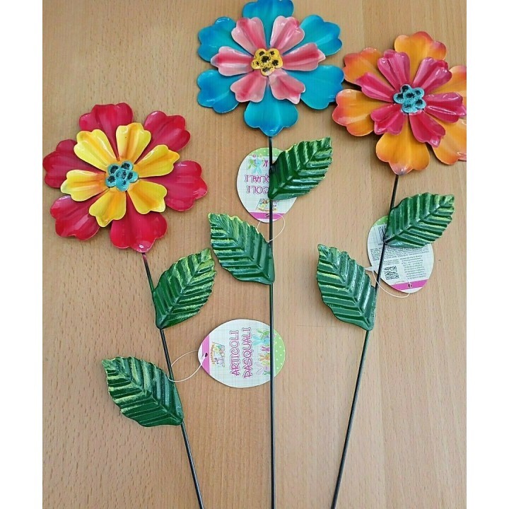 Decoración De Primavera Para Exterior 3 Flores De Colores En Lata, 60 Cm