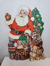 Vtg Christmas Santa Claus Delivering Toys Cardboard Cut Out Double Sided 14" H
