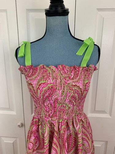 Handmade Ribbon Strap Paisley Pink Lime Green Shirred Midi Summer Dress 32" - Picture 3 of 5