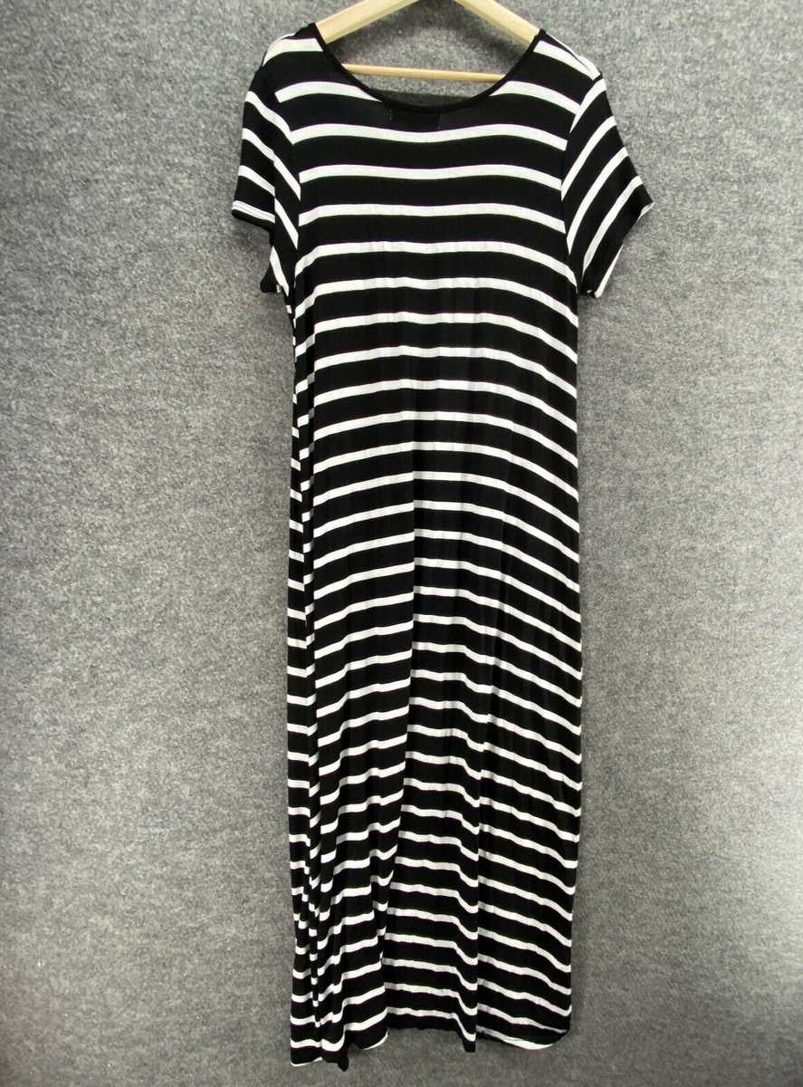 Daisy Island Dress Women L Black Striped Maxi Long V-Neck Short Sleeve |  eBay