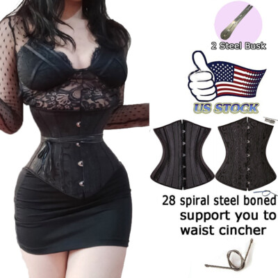 28X Spiral Steel Boned Waist Trainer Satin Lace Underbust Corset Torso Shapewear
