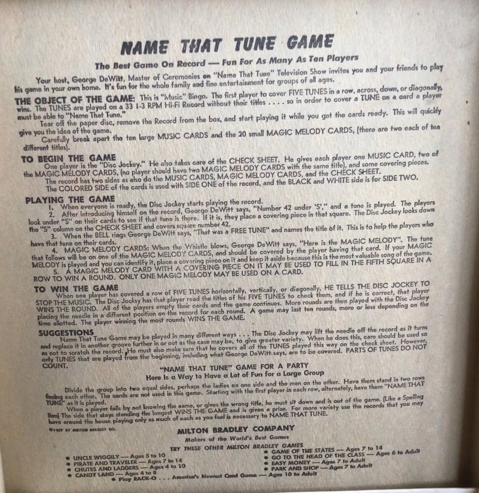 VINTAGE 1957 MB "NAME THAT TUNE" MUSIC BINGO WITH 33 1/3 RPM HI-FI RECORD - Image 3 of 4