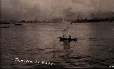 VINTAGE PHOTO; TAKING IT EASY FLOATING AROUND IN A SAIL BOAT; CANTON RIVER