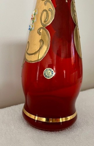 Murano Glass Decanter & 5 Glass Set - 24K Gold - Enamel Flowers - Cranberry Red - Picture 8 of 24