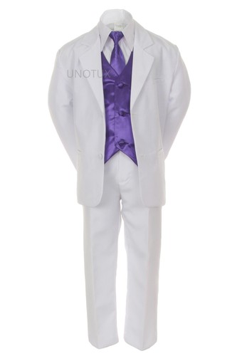 Choose Satin Vest Neck Tie Boy Baby Toddler Teen White 7pc Formal Suit Tuxedo - Picture 19 of 29