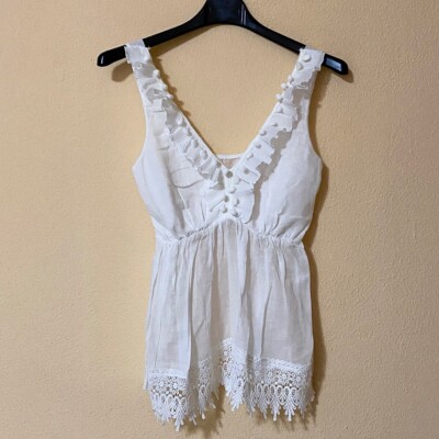 Top Tanktop ärmellos weiß bestickter Rand Casual Basic Boho elegant