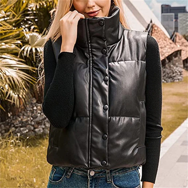 Lady Faux Leather Puffer Vest Collar Crop Padded Jacket Gilet Outwear  Winter Top