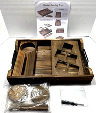 Wooden Serving Tray - Wine Holder Cup Holders Coasters - Textured Walnut Finish