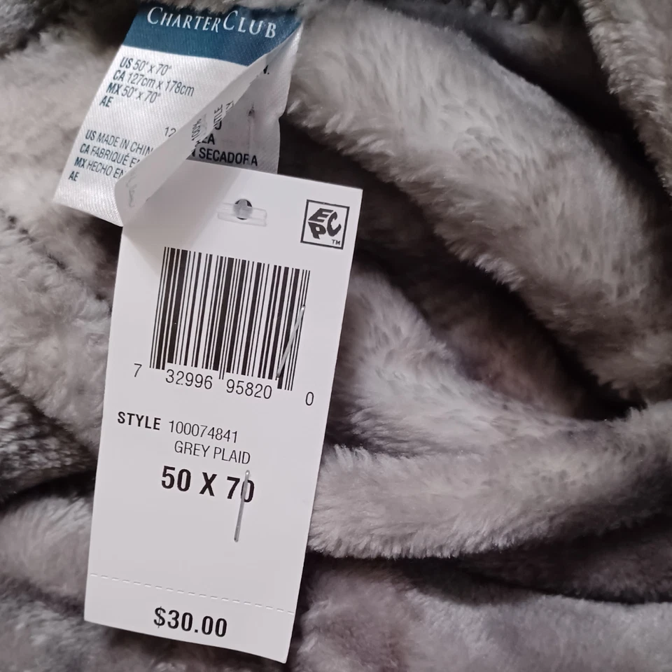 Charter Club Cozy Plush Throw Blanket Gray White Plaid 50x70 Soft Polyester Wrap - Image 4 of 4