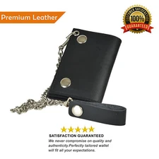 Leatherboss Genuine Leather Men's Trifold Wallet with Chain Biker Trucker ,Black