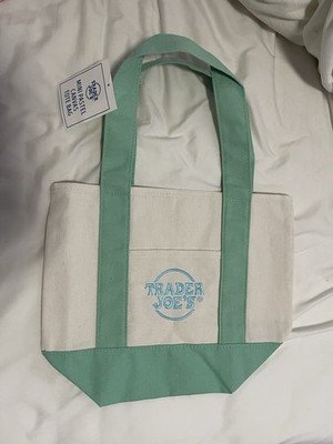 Trader Joe's Mini Canvas Tote Bag Small Beige Green Solid Pattern