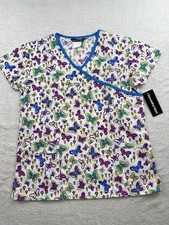 Samantha Mara Women  s Mock Wrap V Neck Scrub Top Butterflies Flowers Size Small
