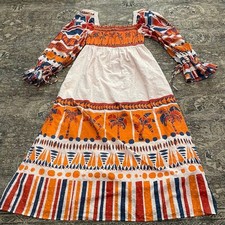 FARM Rio for Anthropologie Palm Tree Smocked Midi Dress Orange Blue S Boho