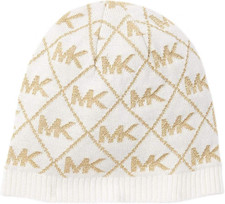 NEW MICHAEL KORS WHITE CREAM,GLITTER GOLD MK LOGO KNITTED FABRIC BEANIE HAT