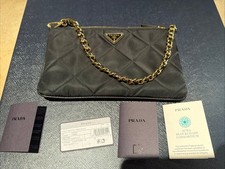 NWT Prada Black Gold Chain Quilted Re-Nylon Pouch Shoulder Handbag 1NI054
