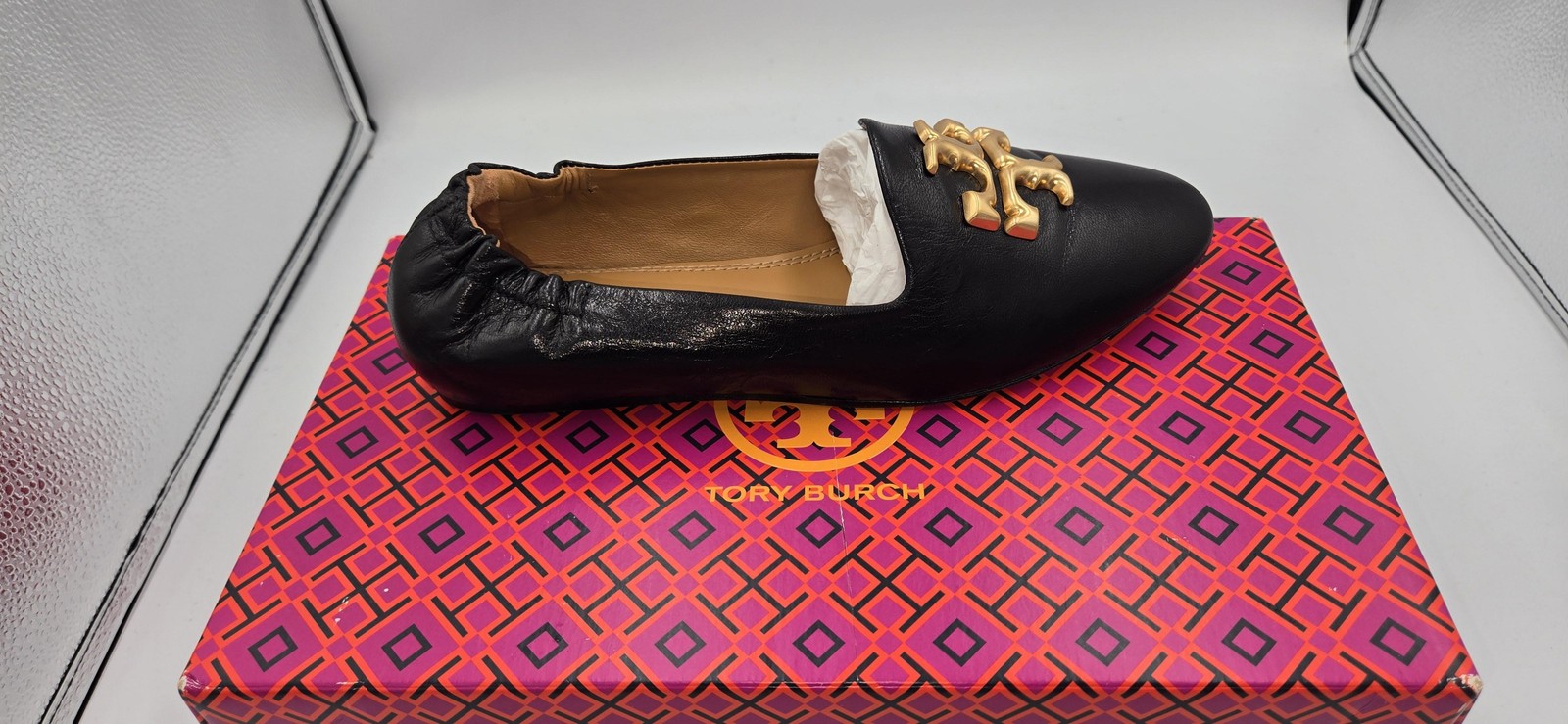 Tory Burch Eleanor Loafer Shoes Womens Size 6.5 Black Leather Flats Gold Logo