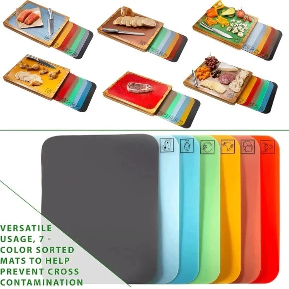Large Bamboo Cutting Board Set w/ 7 Color Coded Mats Meat Cheese Charcuterie