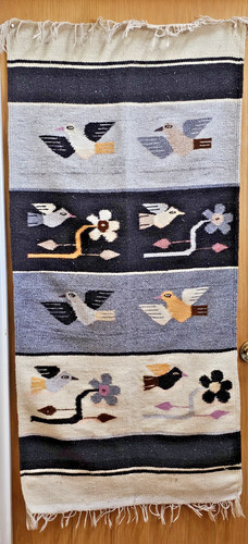 Woven Rug Wall Hanging Tapestry Birds & Flowers Fringe Edge Carpet MCM 54" x 27"