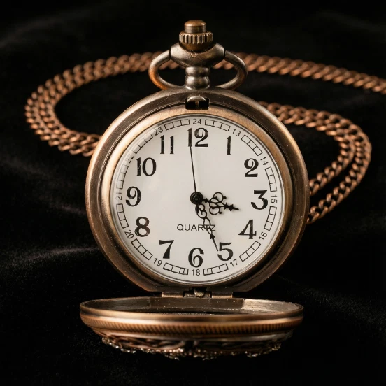 Reloj de Bolsillo Victoriano de Cuarzo Bronce con Acentos de Cristal Esmeralda y Transparente Foto 3 de 4