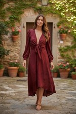 ZARA NWT Women’s V Neck Long Jacquard Dress Burgundy | 4886 - 465 Small Sexy