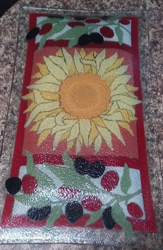 Signierte Peggy Karr Toskana verschmolzene Kunst Glasplatte Tablett SONNENBLUME 9 1/2 x 5 1/2" - Bild 5 von 10
