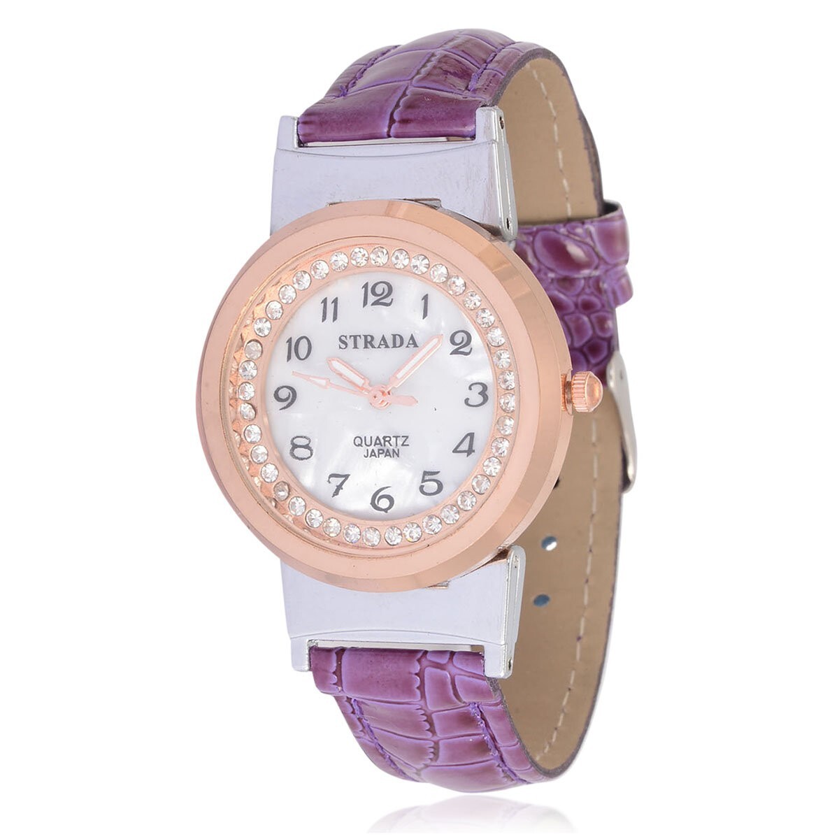 Strada Japanese Movement Purple & Rose Gold Jeweled Watch Faux Leather Band Buy Strada Austrian Crystal Japanese Movement Watch with  main image 3