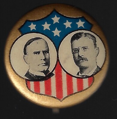 1900 Wm McKinley Teddy Roosevelt Prez Campaign Pin RW&B Shield #2 TR Straighter