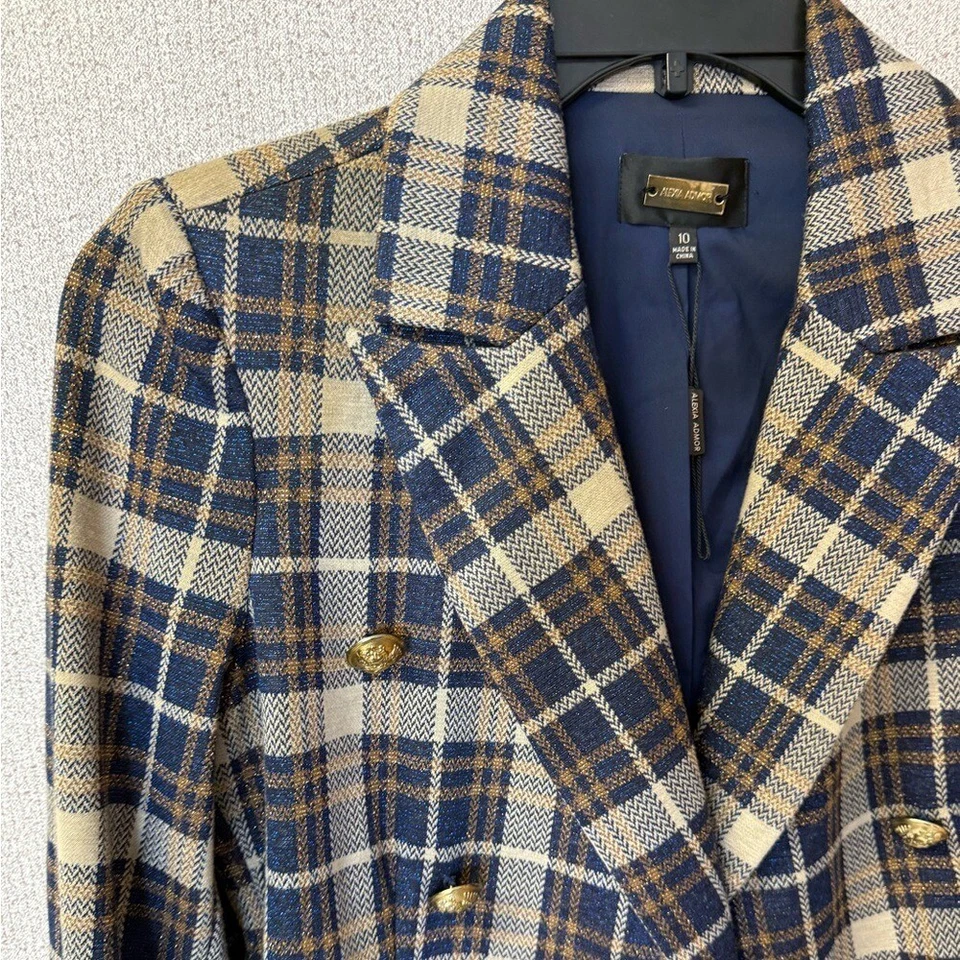 Alexia Admor Women Size 10 Blue Metallic Tartan Plaid Double Breasted Jacket - Image 2 of 4