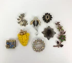 Vintage Brooch Lot of 8 Costume Jewelry Gold Rhinestone Flower Book Pin Multi