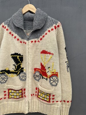Vintage Cowichan wool knit Racing Car zip sweater mens size Vintage Cowichan wool knit Racing Car zip sweater mens size