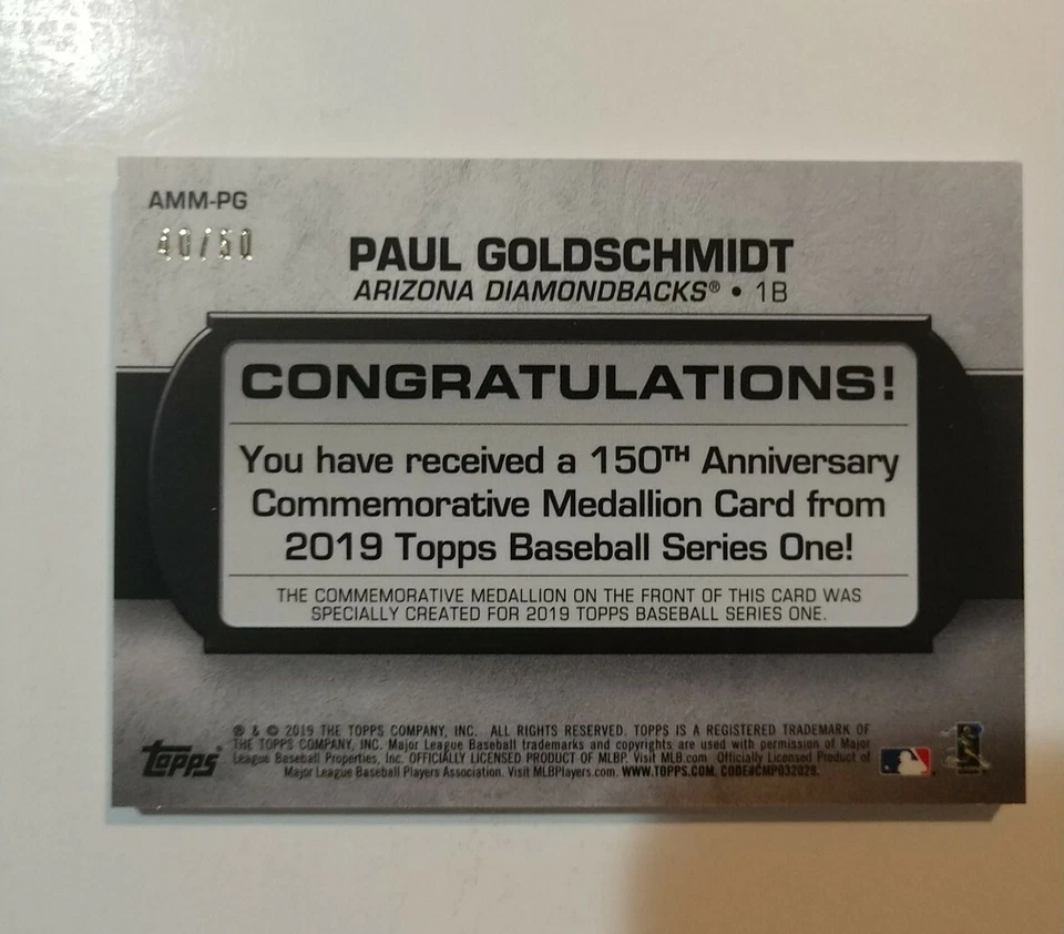 2019 Topps Series 1 Paul Goldschmidt 150th Ann. Commemorative Card AMM-PG /50 - Image 2 of 2