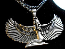 UNIQUE BIG EGYPTIAN SILVER WINGED GODDESS necklace 2.5" WINGSPAN & 27" chain