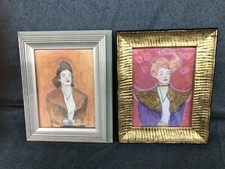 Lot/2 Framed Original Art Color Sketches Fancy Modern Girls Fashionable Ladies