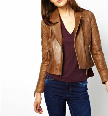 Womens Genuine Lambskin Soft Real Leather Slim fit Distressed Brown Biker Jacket