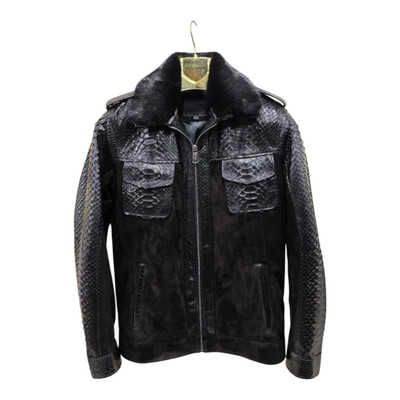 Men's Black Python Snakeskin Suede Leather Jacket Fur Collar Luxury Exotic Coat
