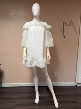 Women's White Solid Cotton Off-Shoulder Ruffle Shift Short Dress 3/4 Sleeve