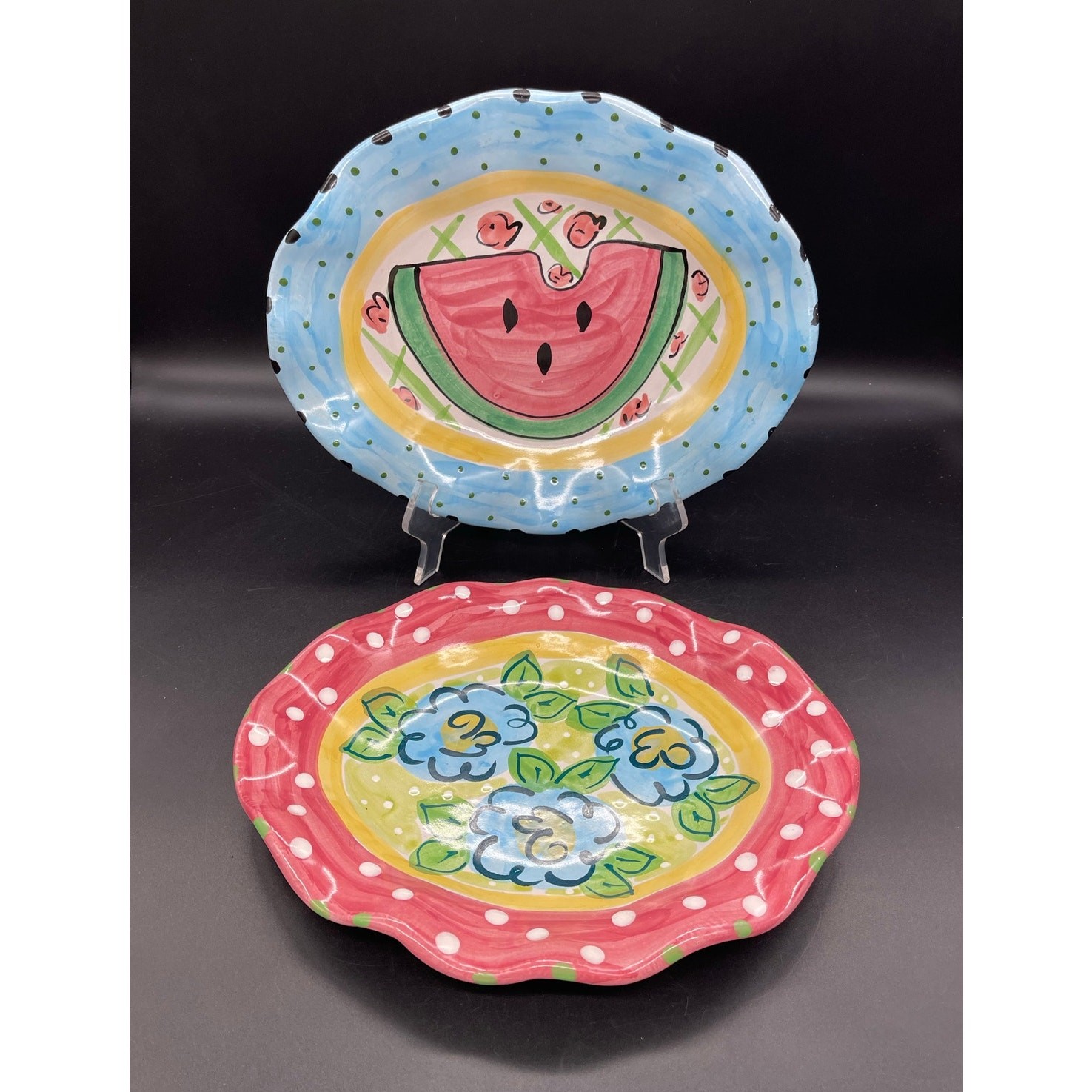 Art Studio Pottery Signed Ruffled Edge Oval Redware Set of 2 Plates 11" x 8.75"