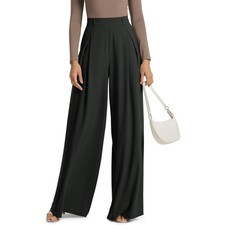 Black Pleated Wide Leg Trousers High Waist Flowy Pants Pockets Business Casual