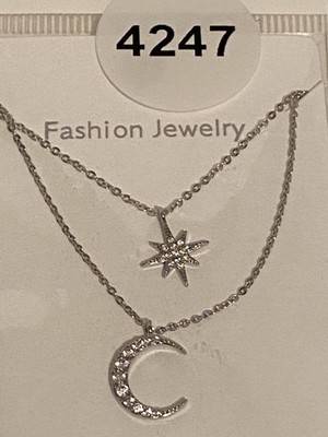Kanna Two-Layer Necklace Sliver Moon & Star Pendant Sparkle Jewelry Adjustable
