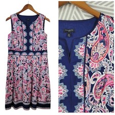 Talbots Dress 10 Petite Floral Pink Blue Fit Flare Pleated Skirt Paisley Spring