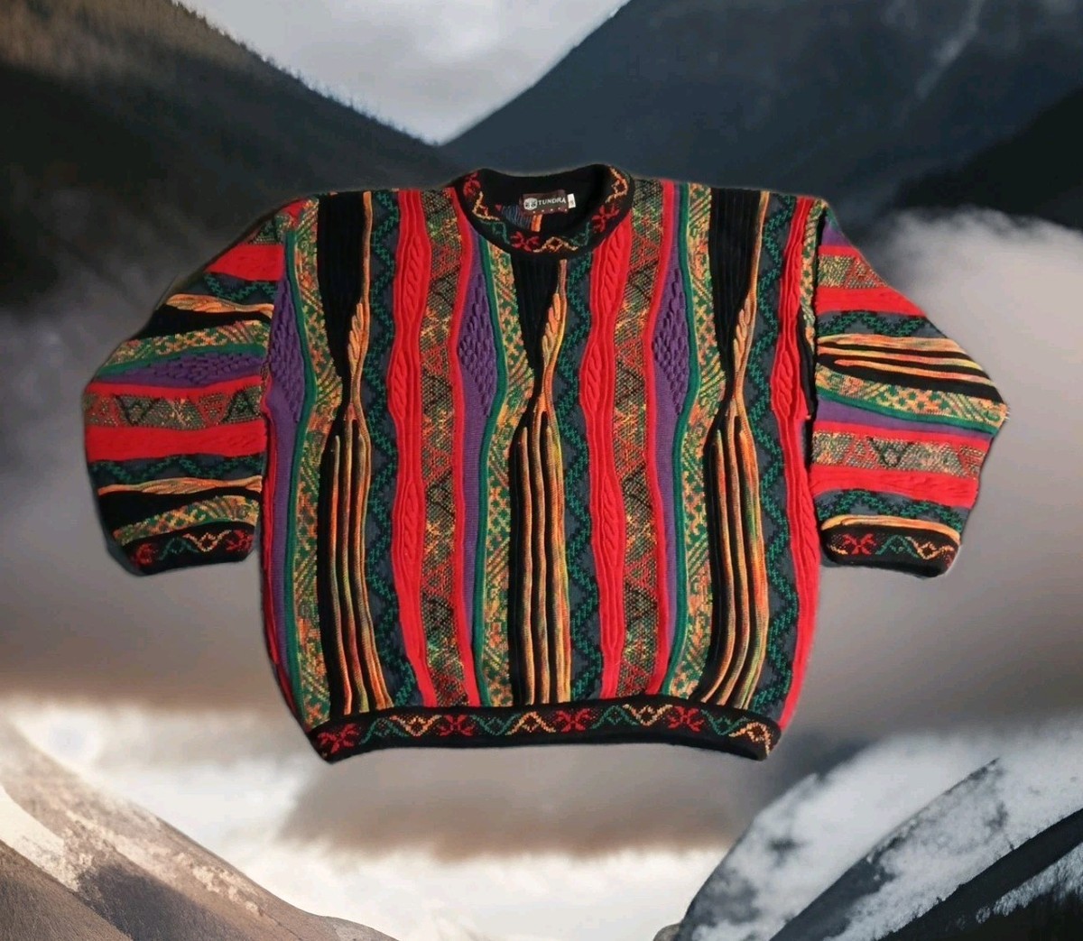 Tundra Canada Vintage 90s Sweater 3D Knit Coogi-Style Multicolor 