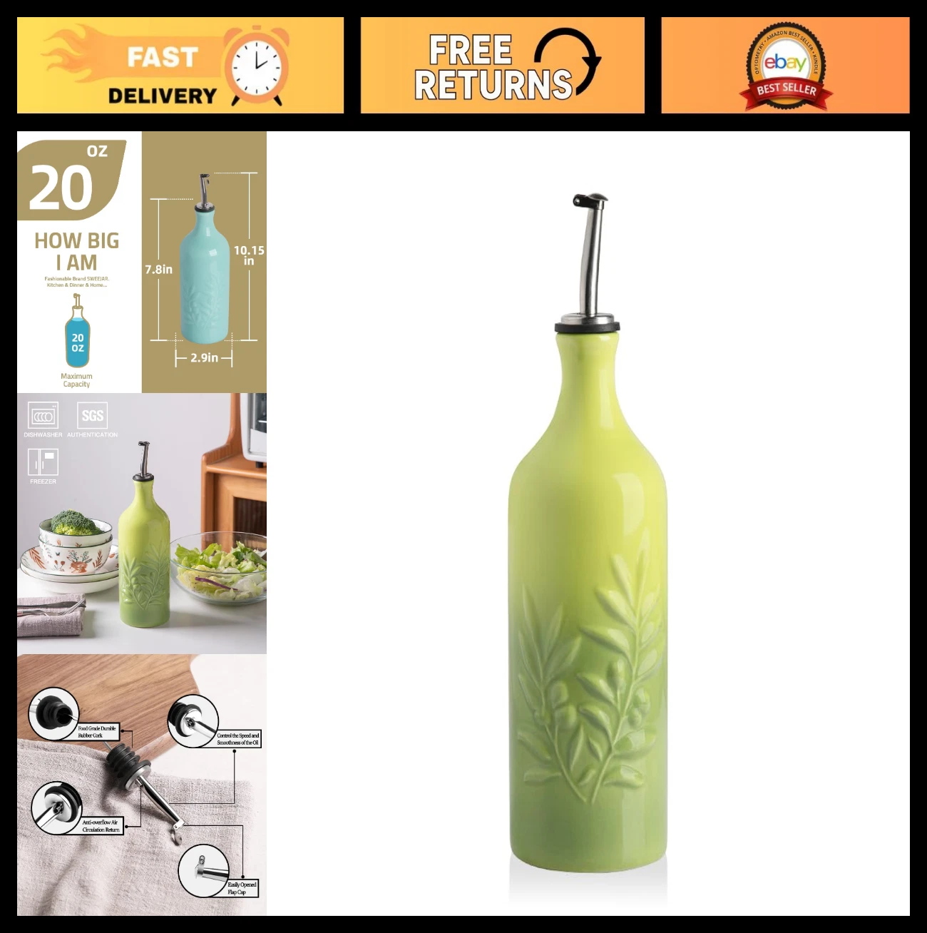 Ceramic Olive Oil Dispenser Bottle 20 Oz - Opaque Cruet for Oil, Vinegar, Syrup