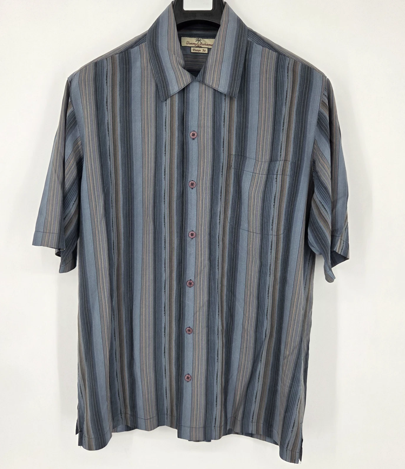 Tommy Bahama Silk Shirt Mens Large Blue Striped Loop Collar Tropical Button Up