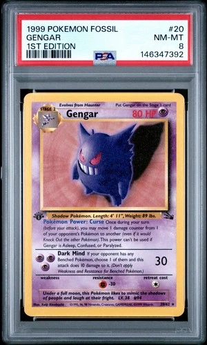 Pokemon Gengar Fossil 1st Edition NON Holo Rare #20 PSA 8
