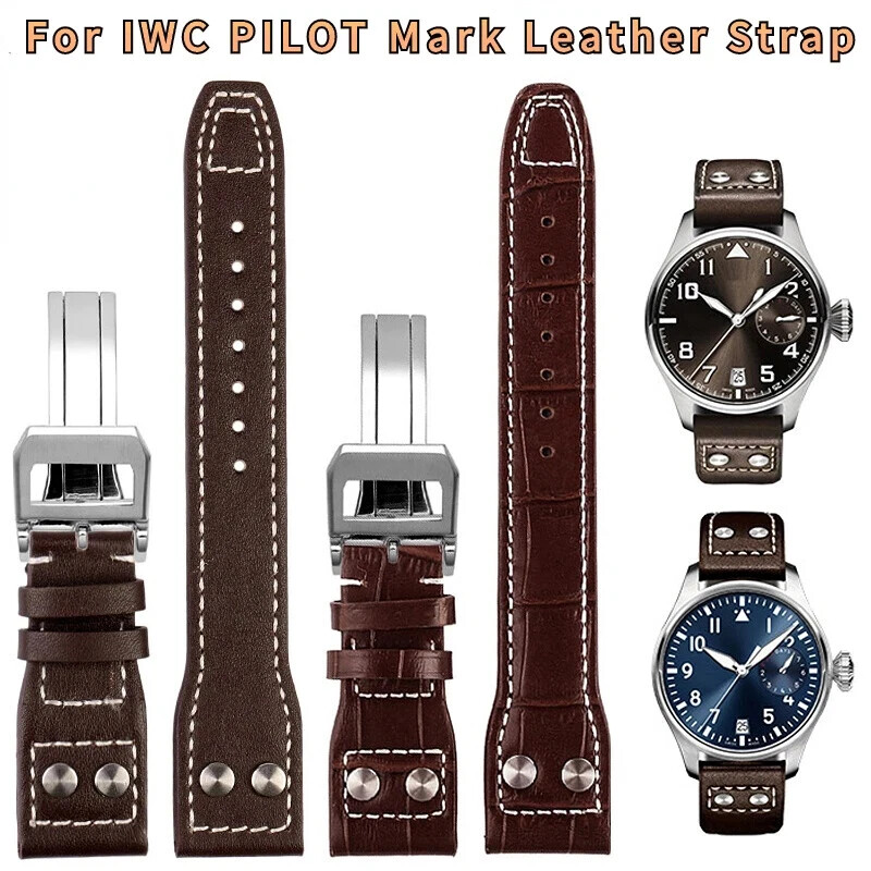 IWC Pilot Mark Leather Strap 21mm 22mm Bamboo Grain Black Rivet Watch Band