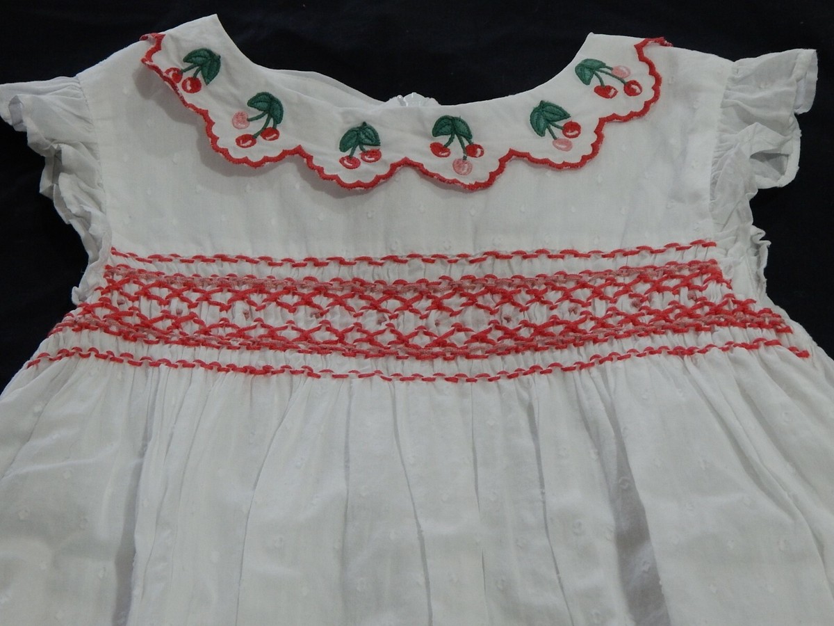 mini boden cherry dress EUC HTF Mini Boden Girls 7/8 Cherry Smocked Lined Flutter Sleeve Dress  White and