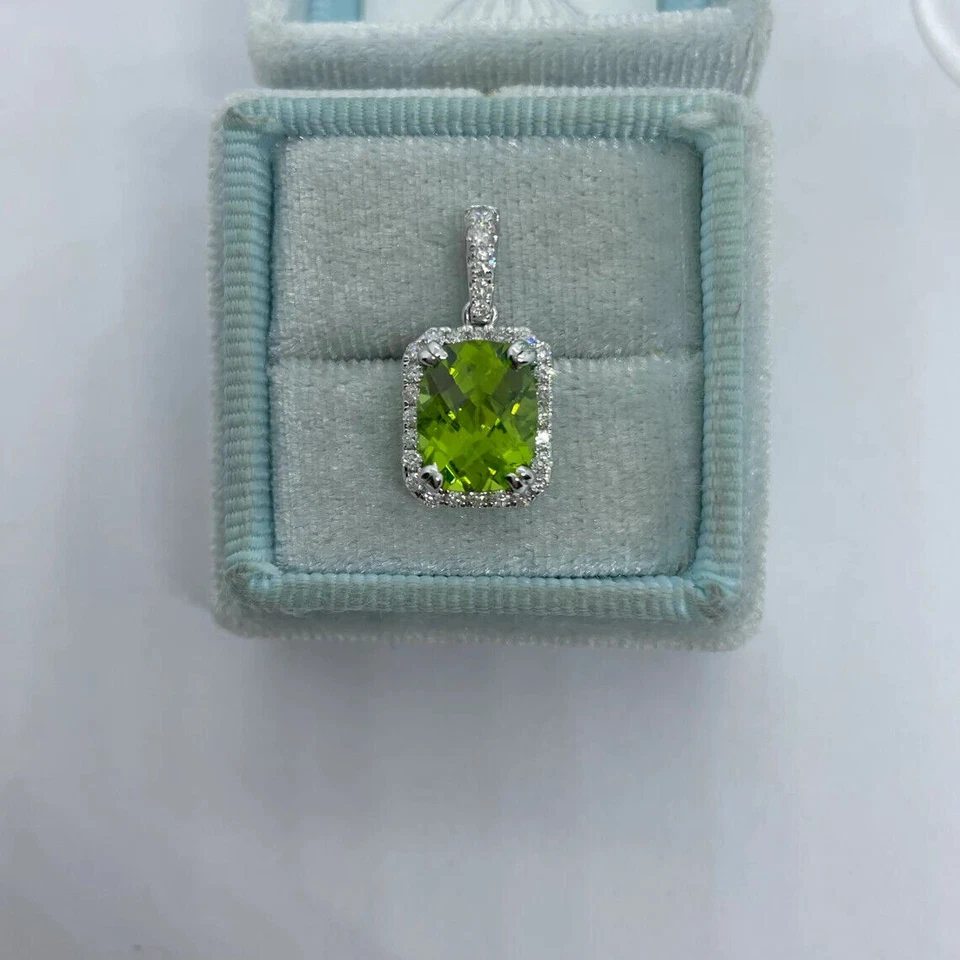 1.50Ct Cushion Cut Simulated Peridot Women's Halo Pendant 14K White Gold Plated - Image 2 of 4
